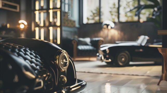 Vintage cars in a warm, sunlit garage