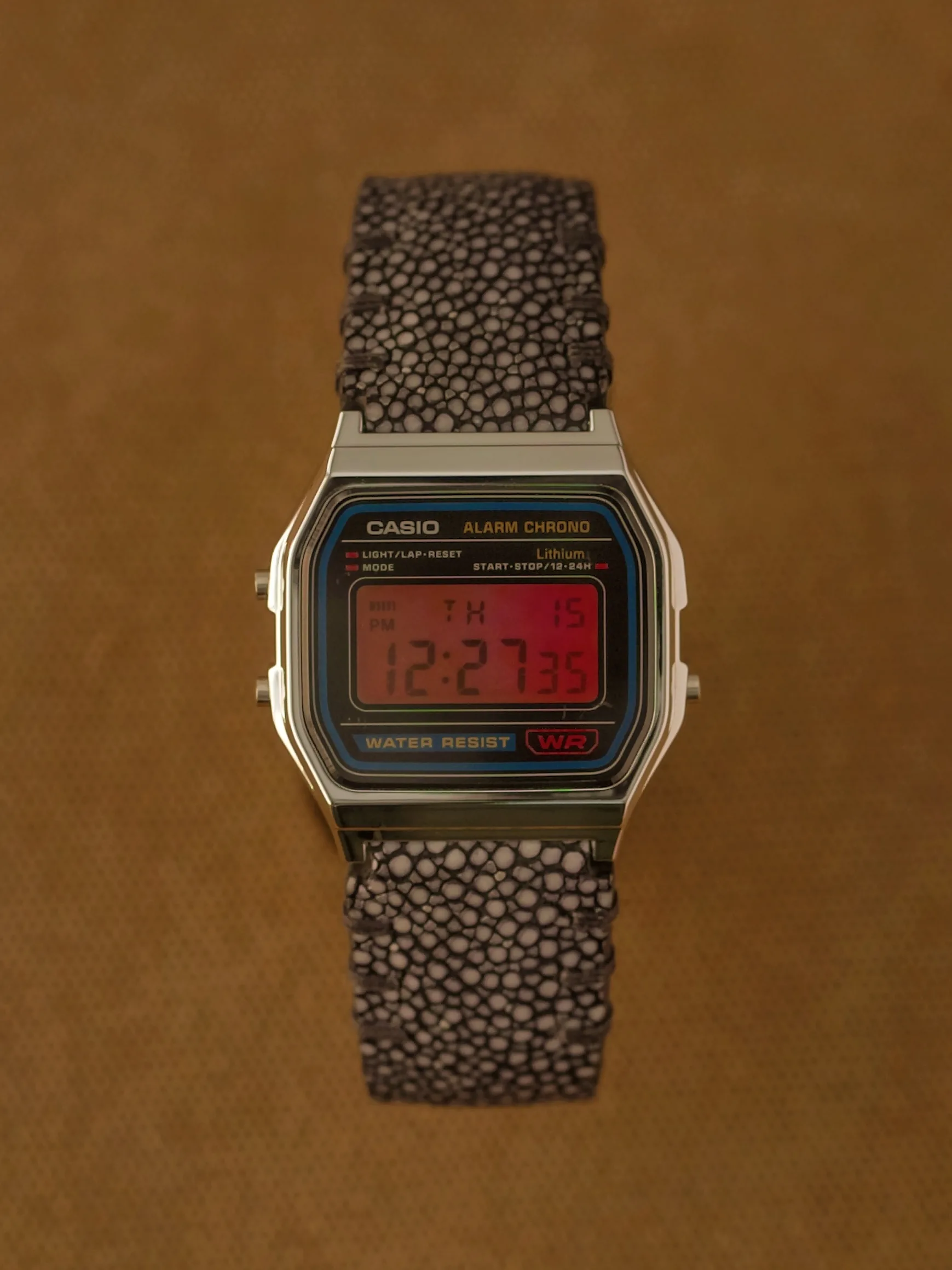 Custom Casio A158W with orange display and stingray strap